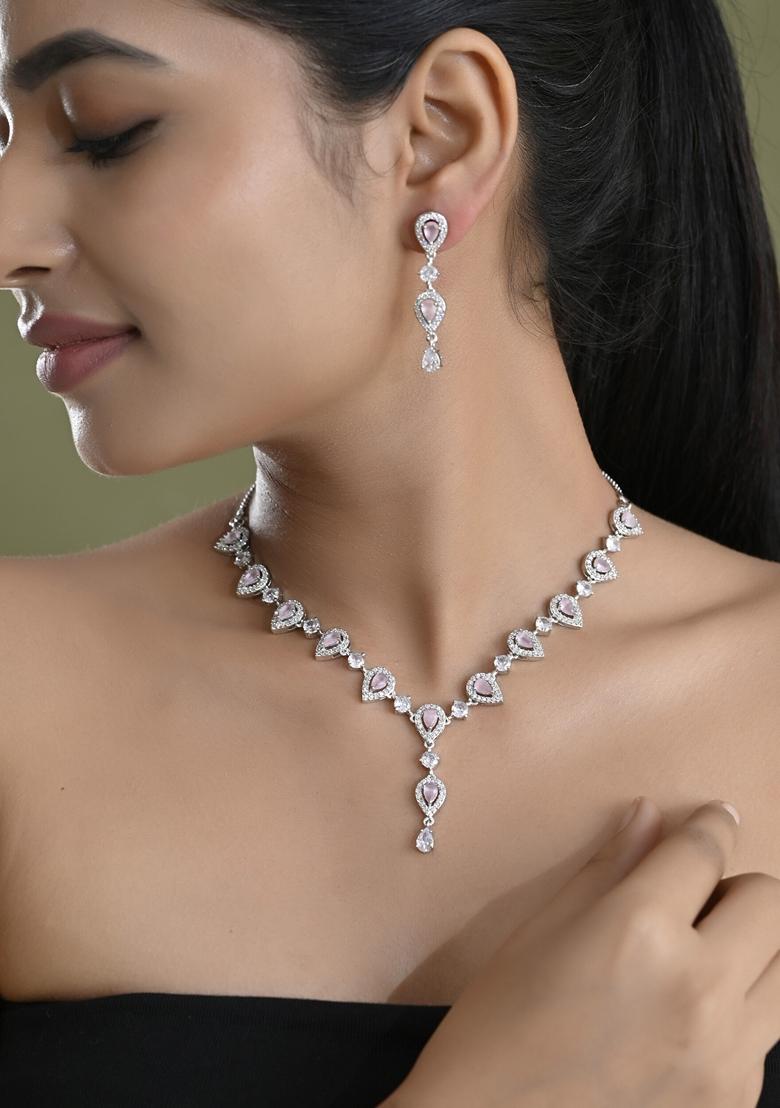 Baby Pink Stone Tear Drop Shaped Ad Necklace Set