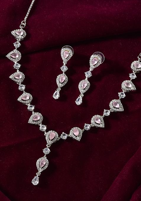 Baby Pink Stone Tear Drop Shaped Ad Necklace Set