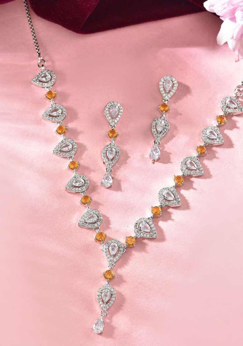 Yellow Yellow Stone Tear Drop Shaped Ad Necklace Set - Indya