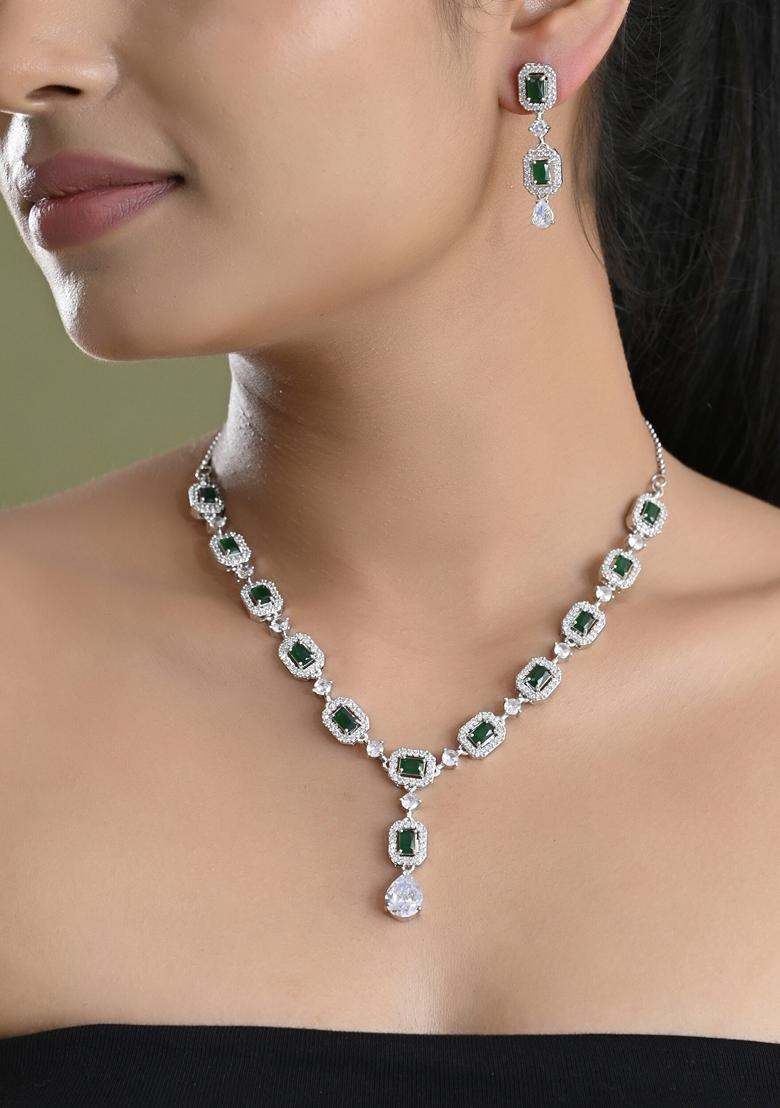 Green Green Stone Geometrical Shaped Ad Necklace Set