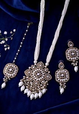 White Kundan Stone Studded Long Necklace Set