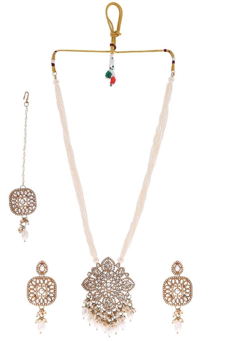 White Kundan Stone Studded Long Necklace Set