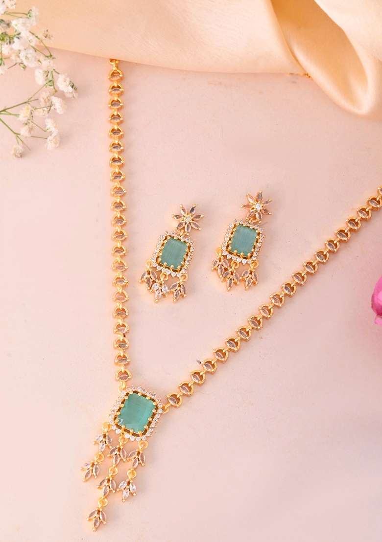 Gold Plated Ad Studded Sea Green Stone Necklace Set - Indya