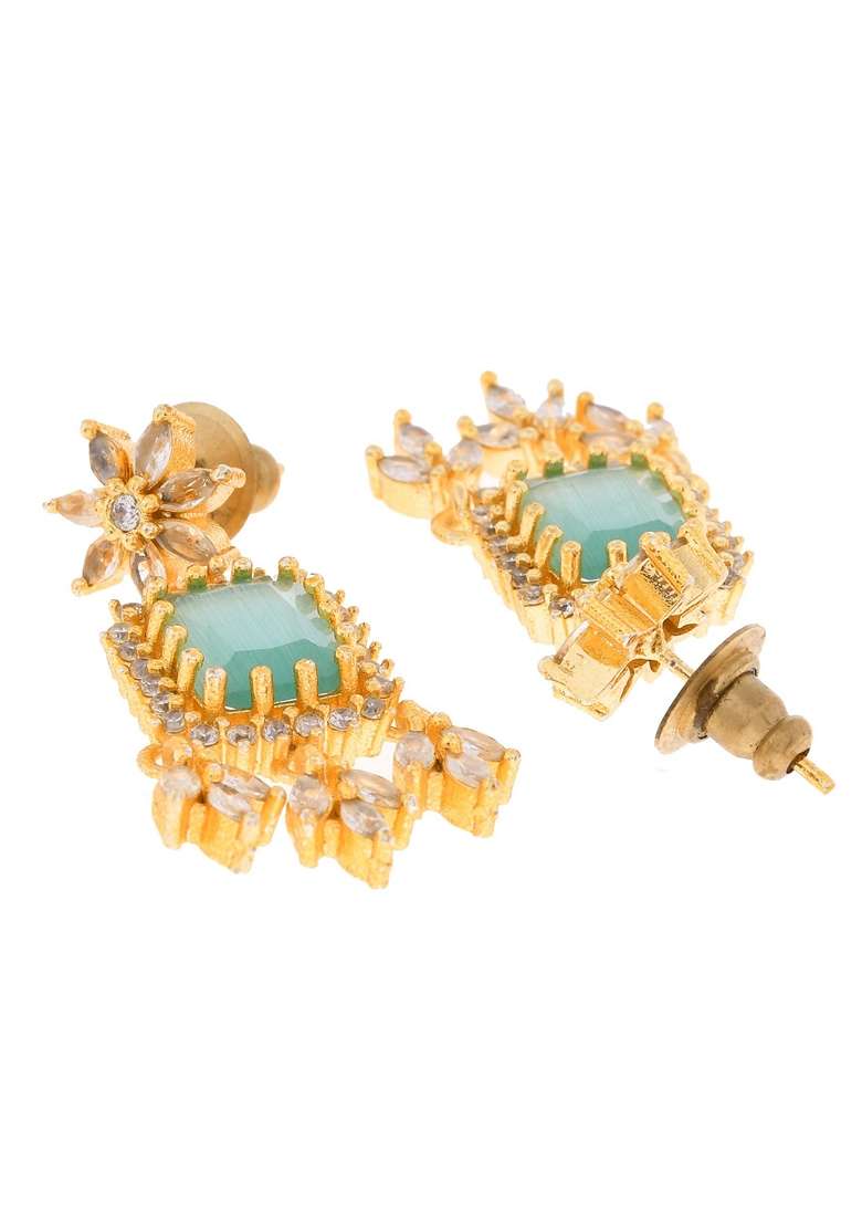 Gold Plated Ad Studded Sea Green Stone Necklace Set - Indya