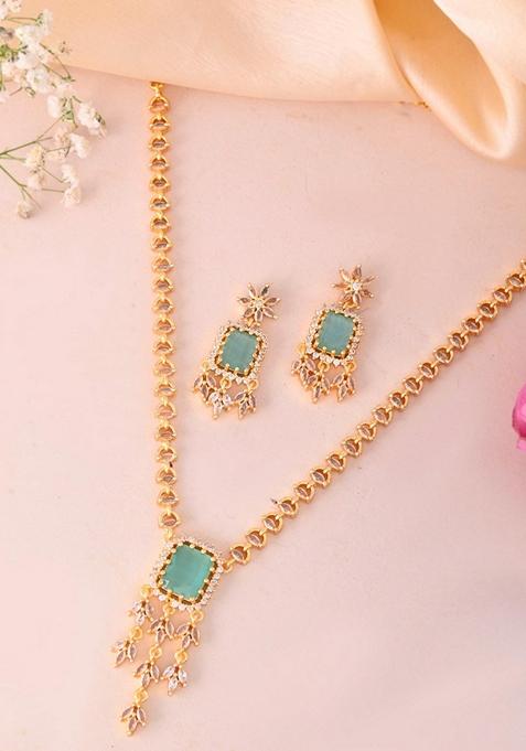 Gold Plated Ad Studded Sea Green Stone Necklace Set