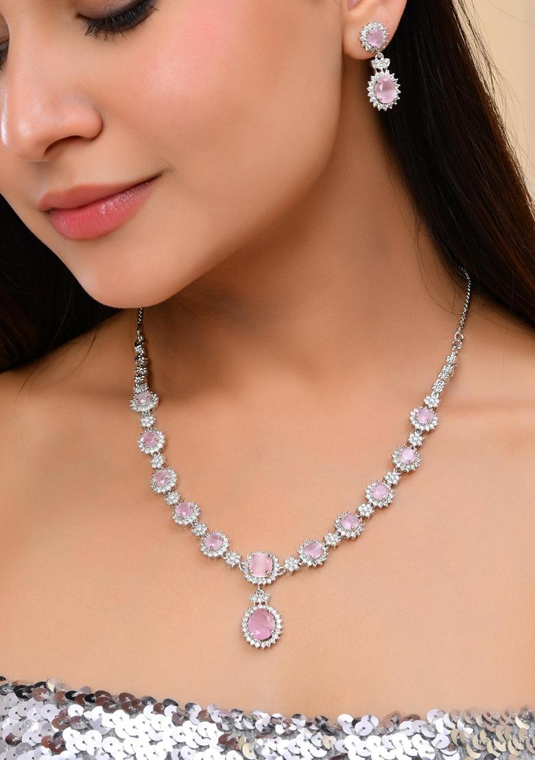 Baby Pink Ad Stone Studded Necklace Set