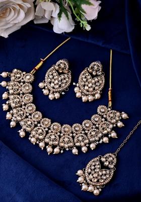 Gold Plated Stone Choker With Earrings And Maang Tikka Set