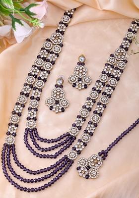 Purple Purple Beaded With Stone Studded Long Necklace Set