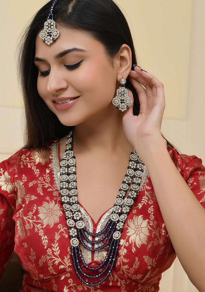 Purple Purple Beaded With Stone Studded Long Necklace Set