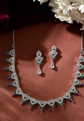 Silver Plated And Stone Ad Necklace And Earrings Set