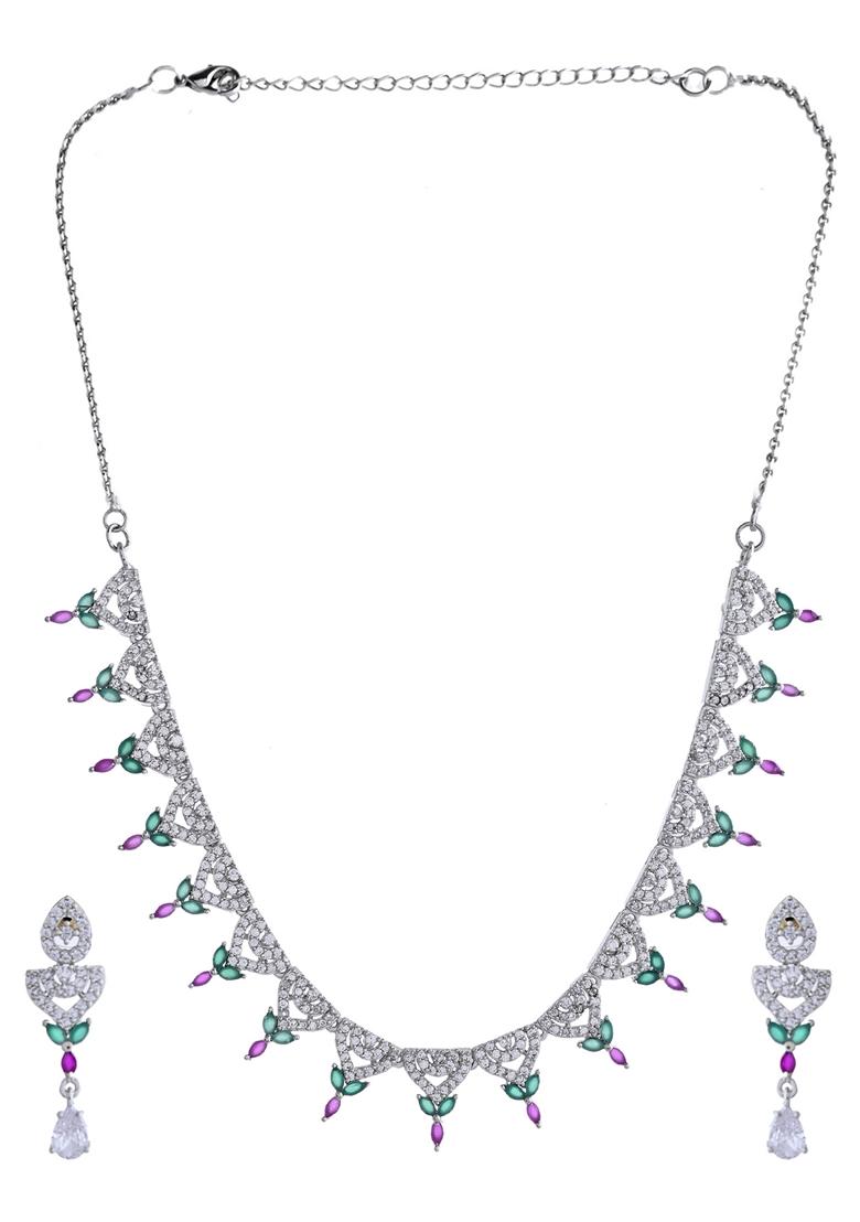 Silver Plated And Stone Ad Necklace And Earrings Set