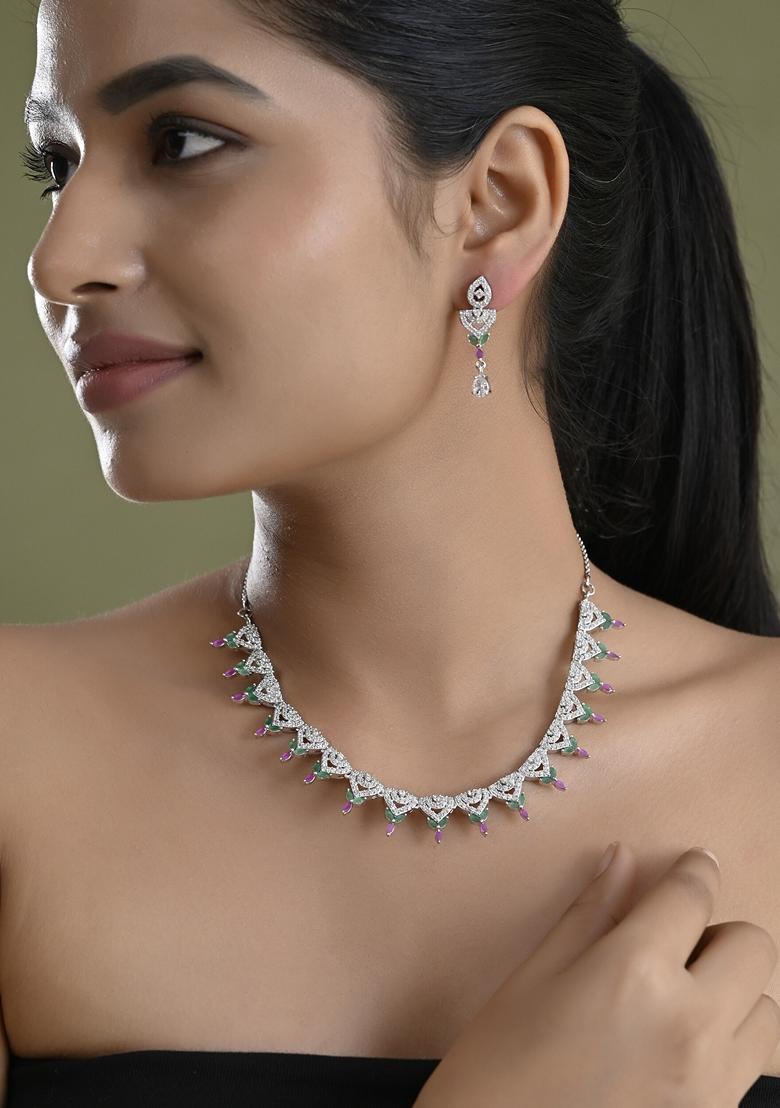 Silver Plated And Stone Ad Necklace And Earrings Set