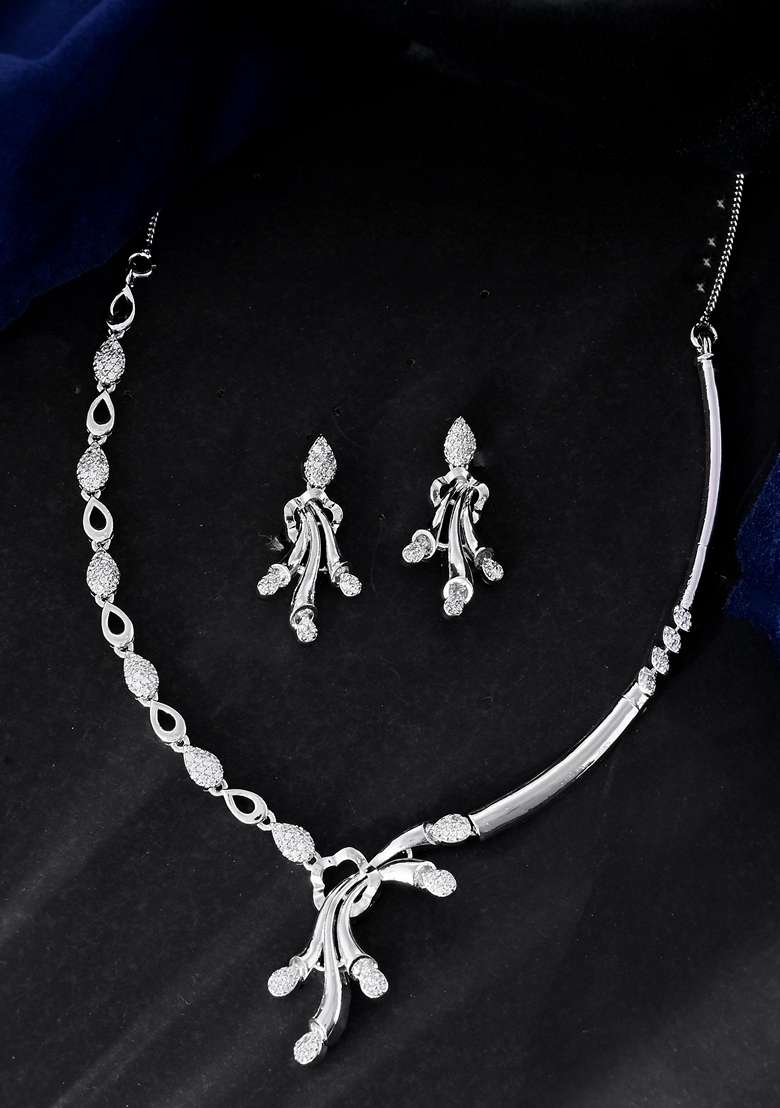 Silver Plated Ad Stone Studded Designer Necklace With Earrings Set - Indya