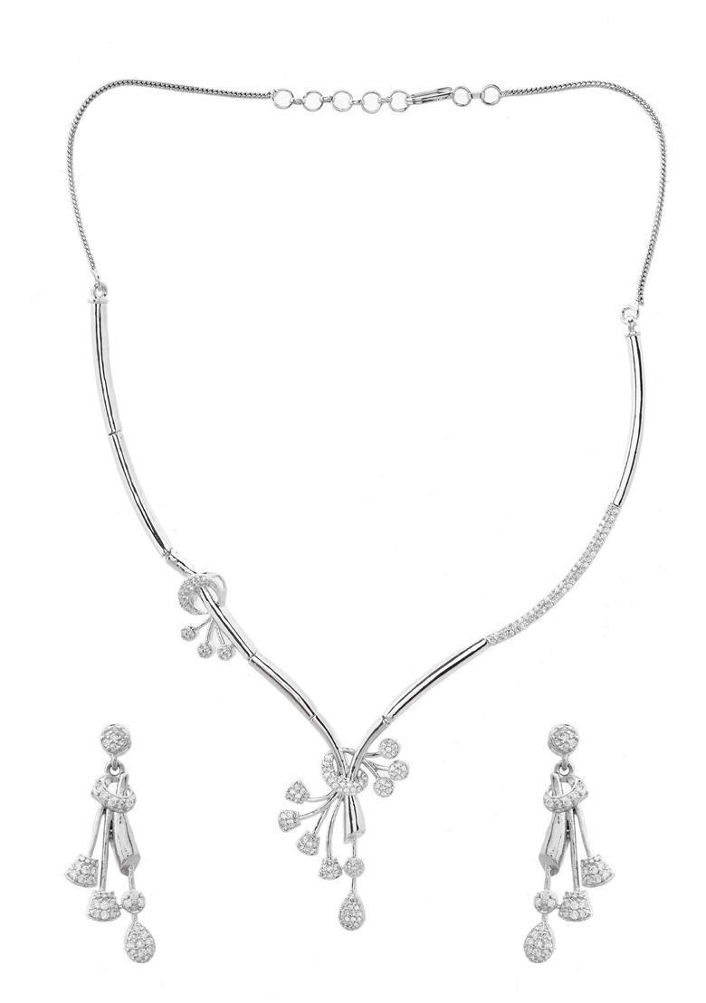 Silver Plated Ad Stone Studded Designer Necklace With Earrings Set