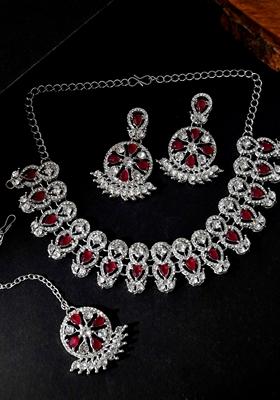 Pink Ad Stone Studded Necklace Set With Mangtikka