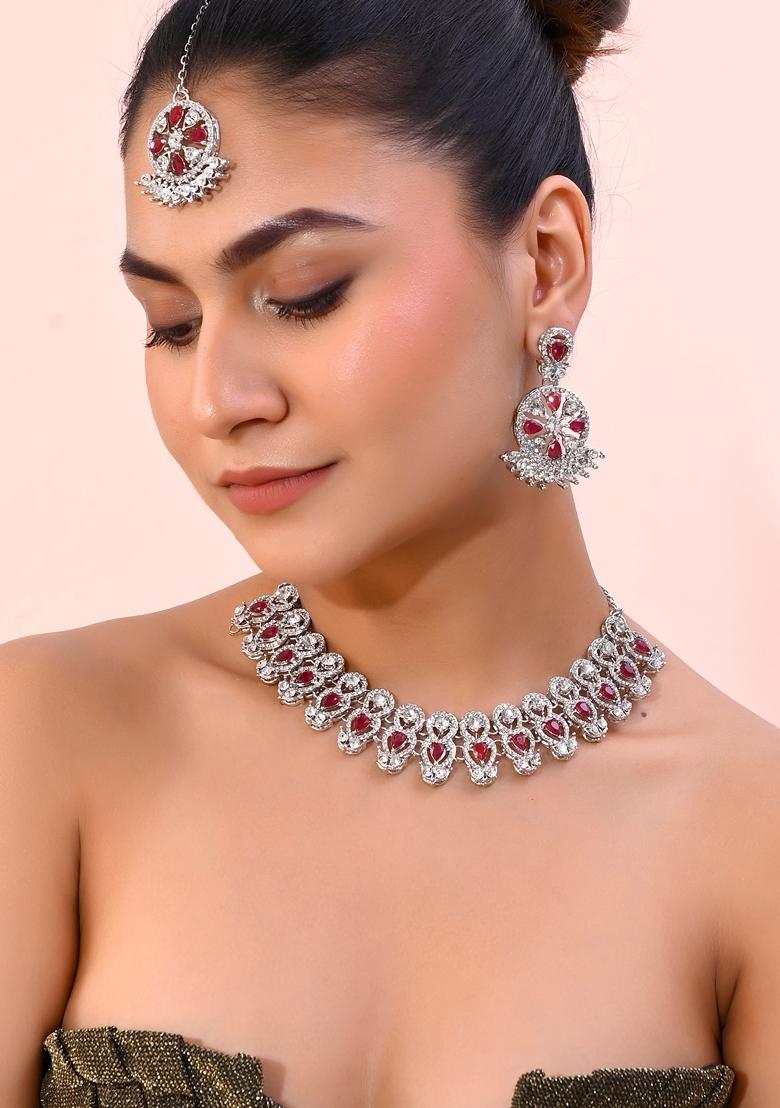 Pink Ad Stone Studded Necklace Set With Mangtikka
