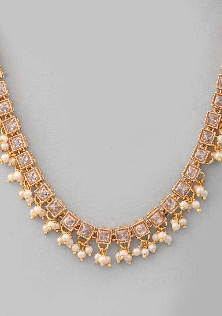 Gold Tone Stone Studded Choker With Earrings Set