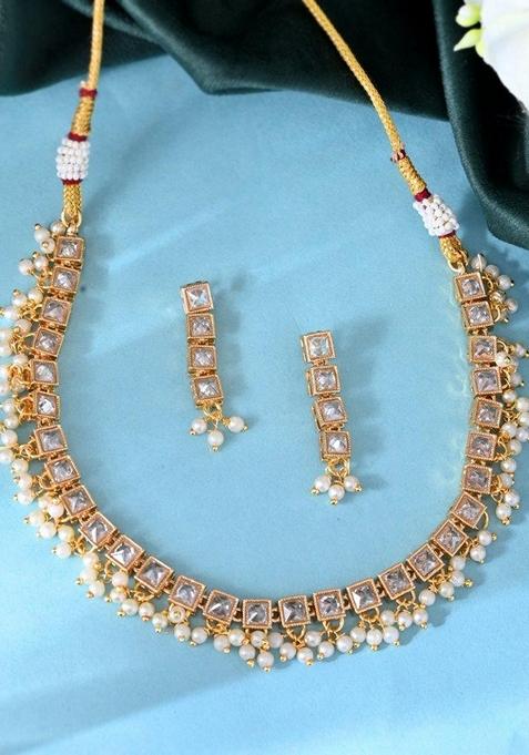 Gold Tone Stone Studded Choker With Earrings Set