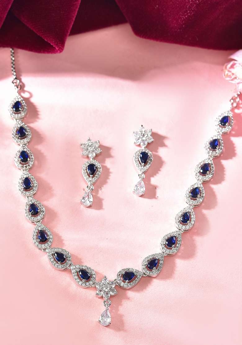 Dark Blue Dark Stone Tear Drop Shaped Ad Necklace Set - Indya