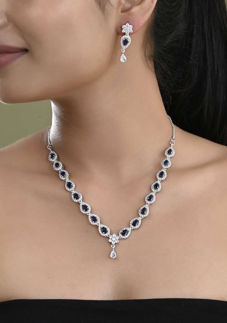 Dark Blue Dark Stone Tear Drop Shaped Ad Necklace Set - Indya