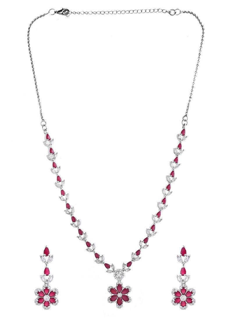 Maroon Marron Stone Floral Ad Necklace Set