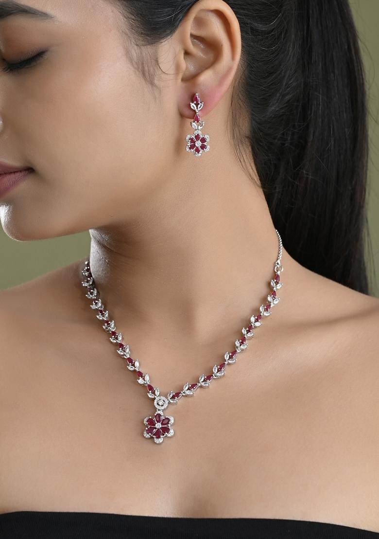 Maroon Marron Stone Floral Ad Necklace Set
