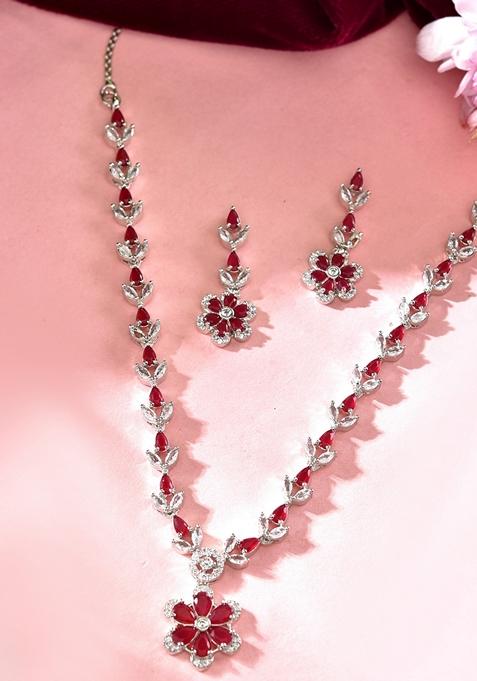 Maroon Marron Stone Floral Ad Necklace Set