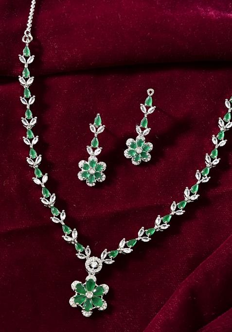 Green Green Stone Floral Ad Necklace Set