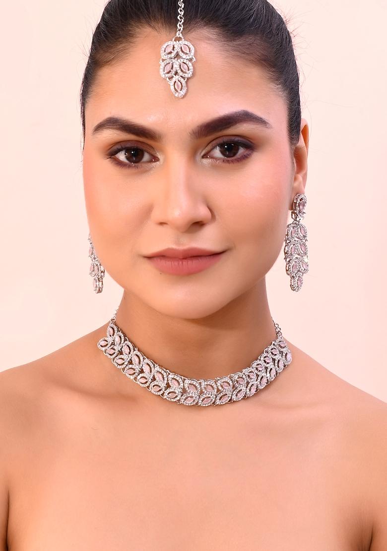 Baby Pink Ad Stone Studded Necklace Set With Mangtikka