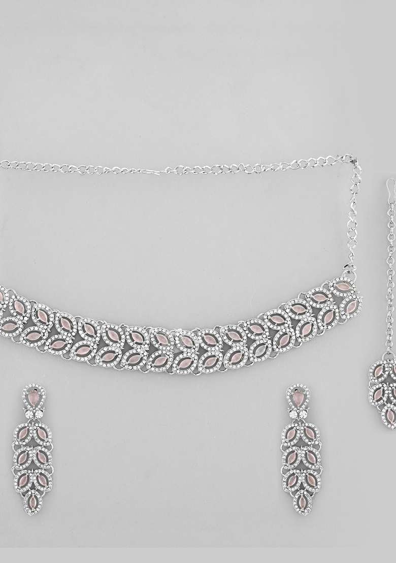 Baby Pink Ad Stone Studded Necklace Set With Mangtikka - Indya