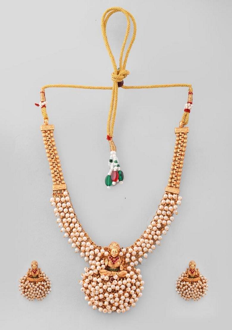 Gold South Indian Traditional Copper Necklace With Earrings Set