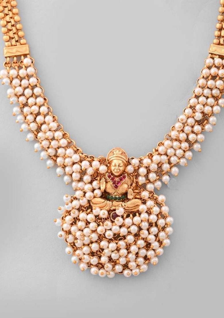 Gold South Indian Traditional Copper Necklace With Earrings Set - Indya