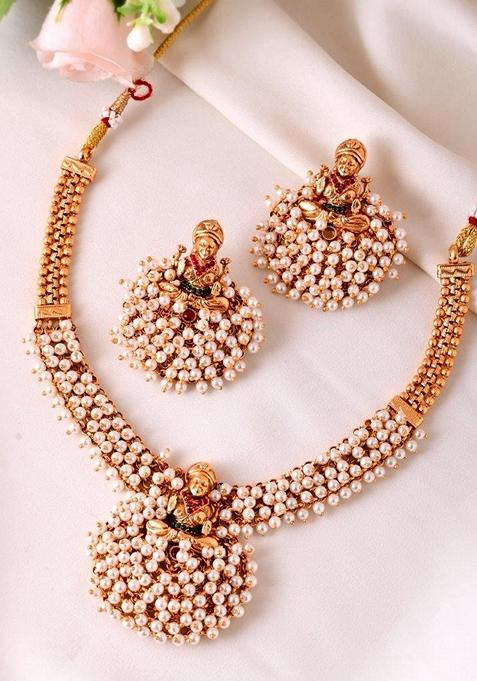 Gold South Indian Traditional Copper Necklace With Earrings Set