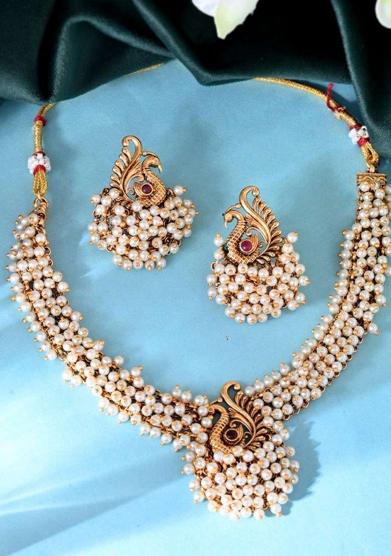 Gold South Indian Traditional Peacock Shaped Copper Necklace Set - Indya