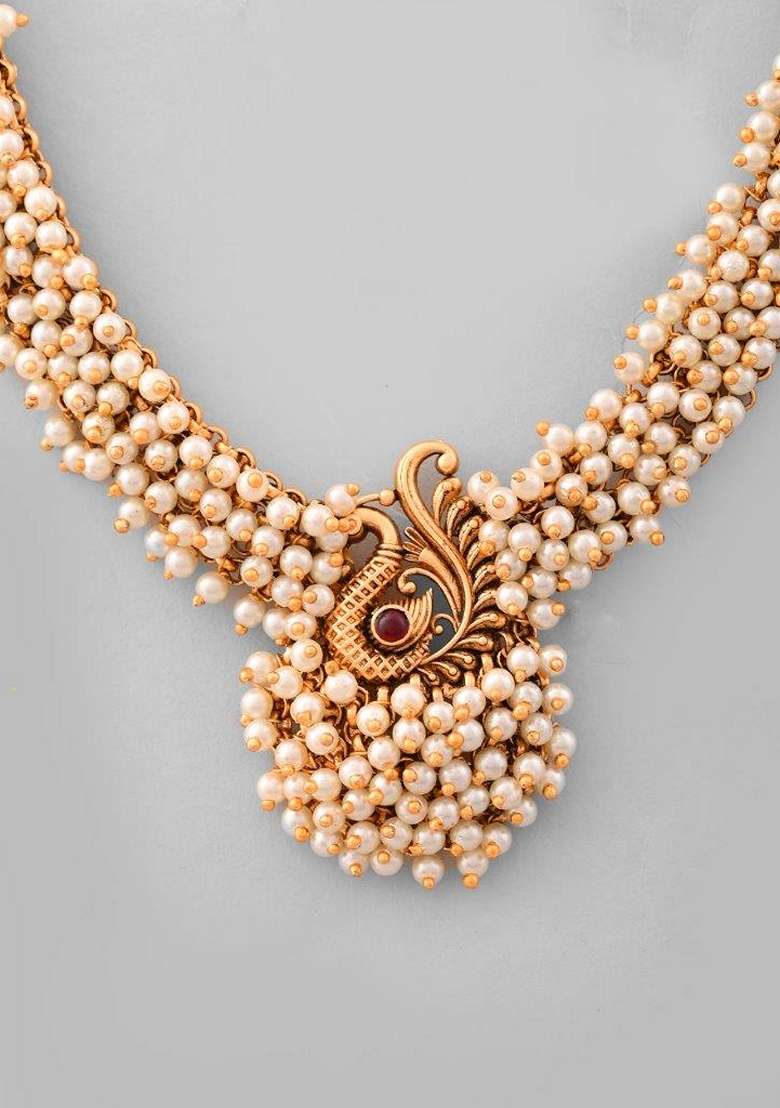 Gold South Indian Traditional Peacock Shaped Copper Necklace Set - Indya