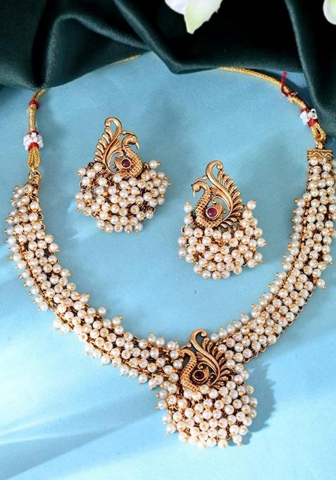 Gold South Indian Traditional Peacock Shaped Copper Necklace Set