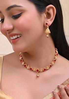 Gold Plated Ruby Stone Studded Necklace Set