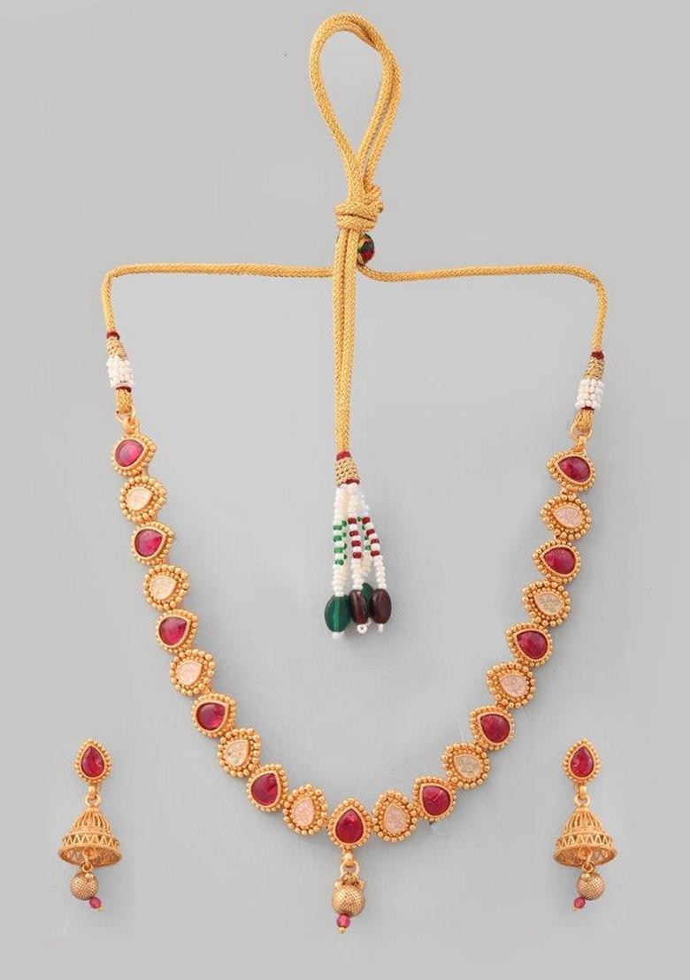 Gold Plated Ruby Stone Studded Necklace Set