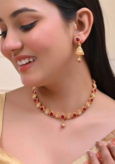 Gold Plated Ruby Stone Studded Necklace Set