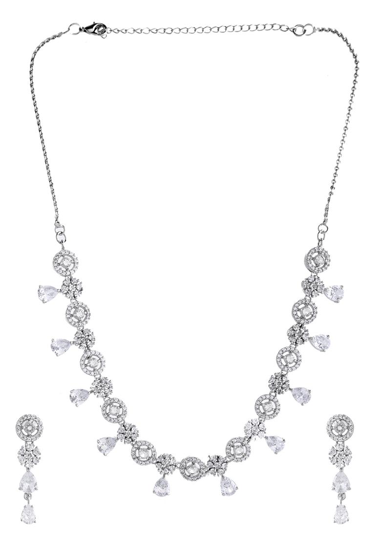 Silver Plated Floral And Cricular Ad Necklace Set