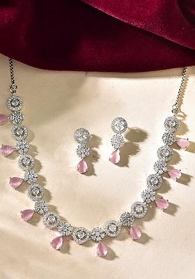 Baby Pink Stone Floral And Cricular Ad Necklace Set