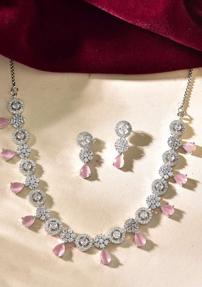 Baby Pink Stone Floral And Cricular Ad Necklace Set - Indya