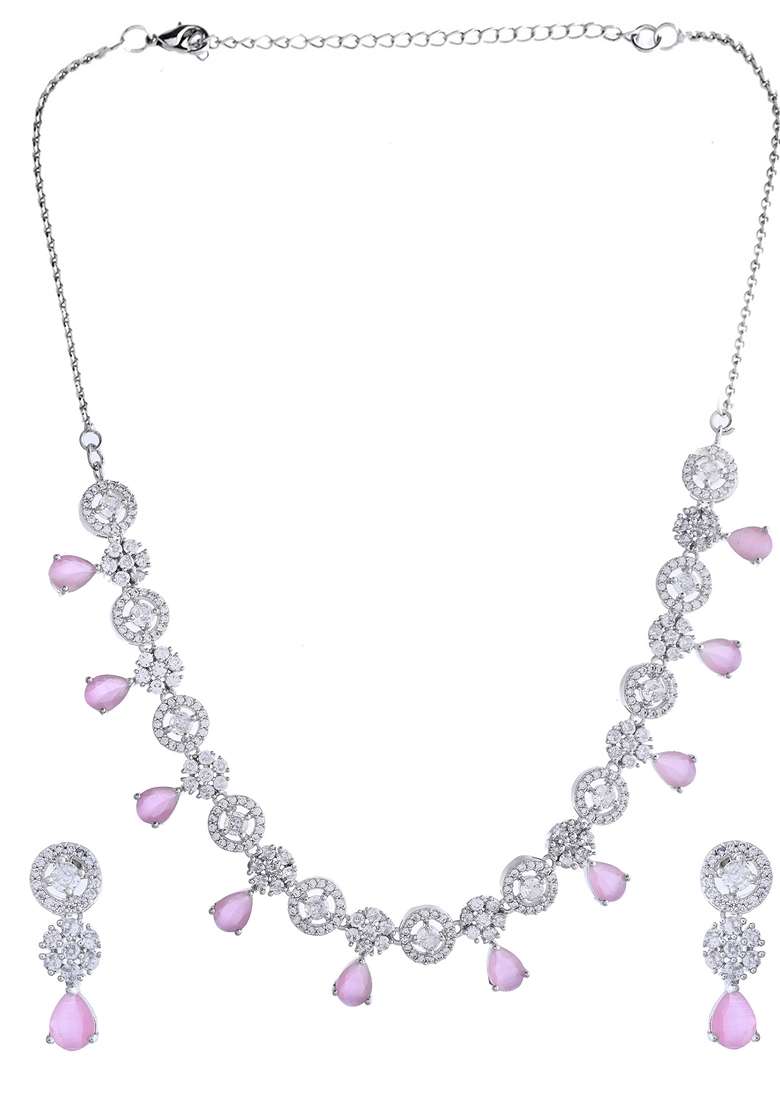 Baby Pink Stone Floral And Cricular Ad Necklace Set - Indya