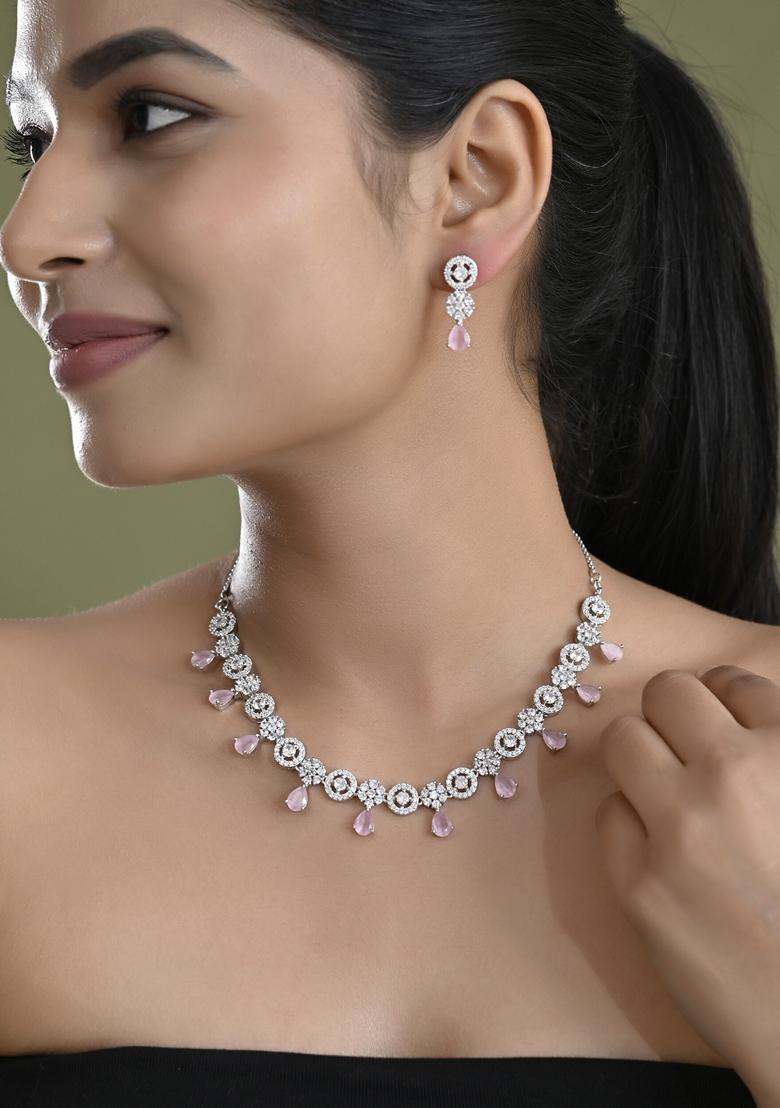 Baby Pink Stone Floral And Cricular Ad Necklace Set