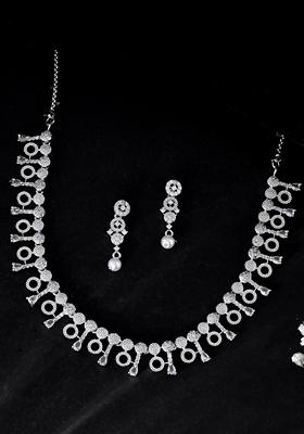 Silver Plated Ad Stone Geometrical Shaped Necklace And Earrings Set