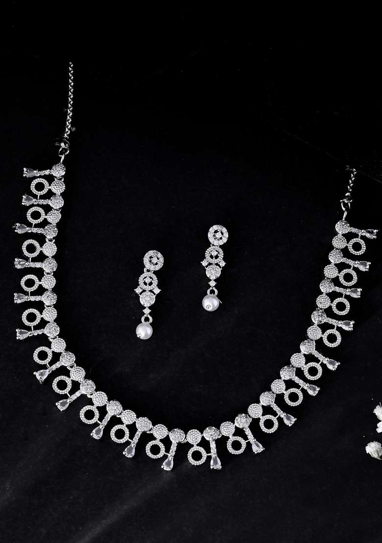 Silver Plated Ad Stone Geometrical Shaped Necklace And Earrings Set - Indya