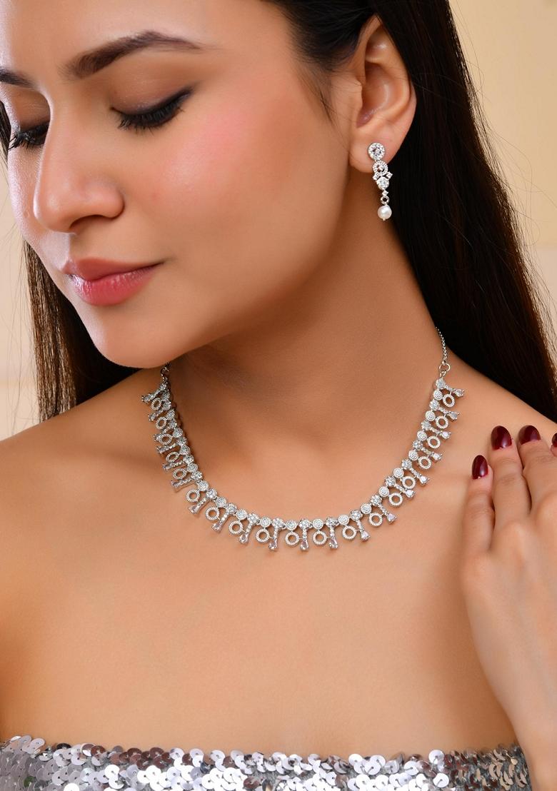 Silver Plated Ad Stone Geometrical Shaped Necklace And Earrings Set