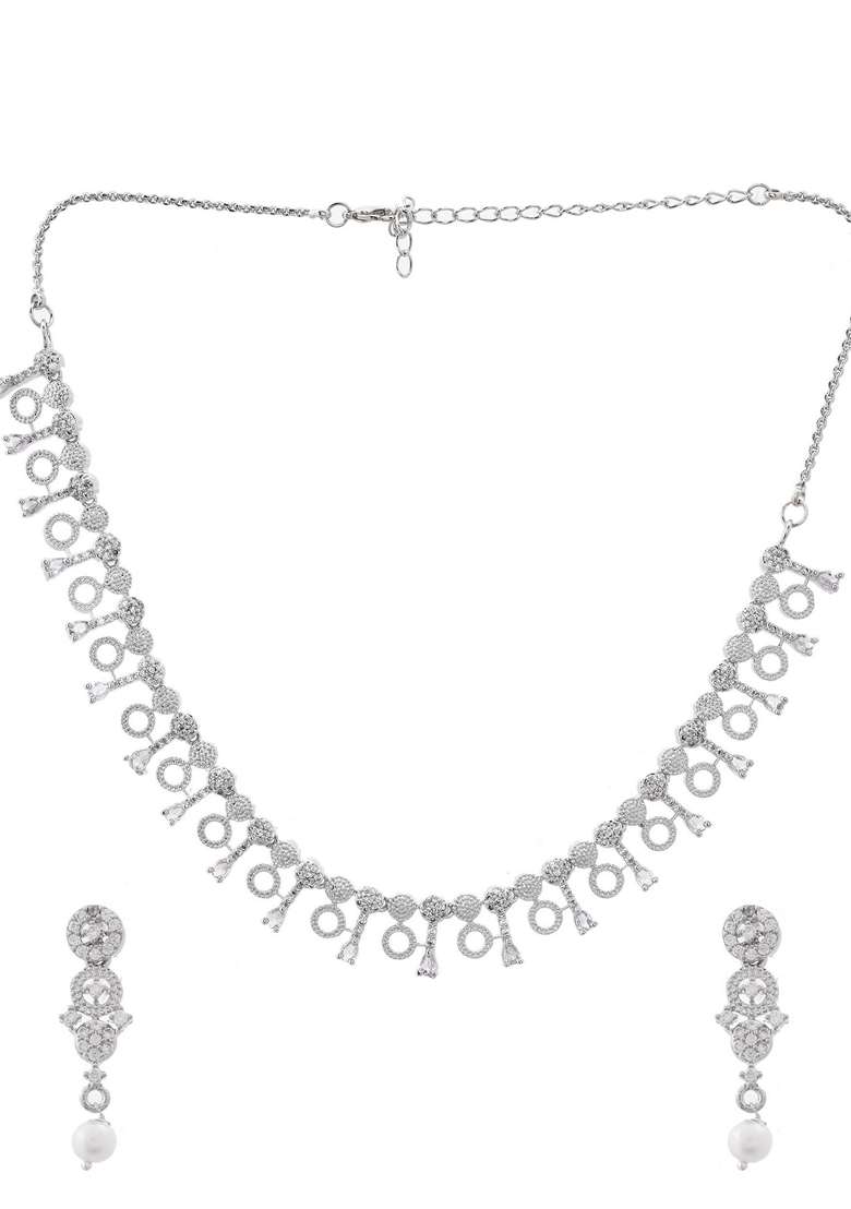 Silver Plated Ad Stone Geometrical Shaped Necklace And Earrings Set - Indya