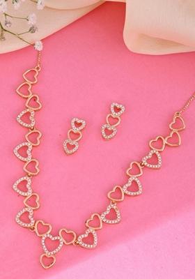 Gold Ad Stone Studded Heart Shaped Designer Plated Necklace Set