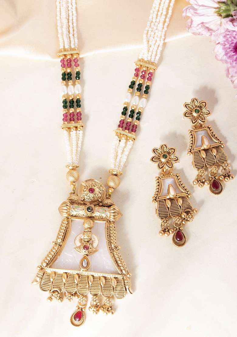 Gold Plated Moon Stone Studded Long Necklace With Earrings Set - Indya